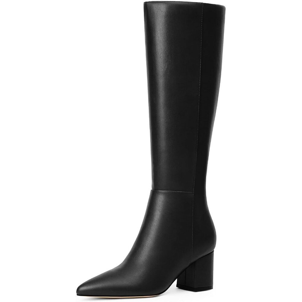 Women's Black Chunky Heel Knee High Pointed Toe Boots Side Zipper Long Boots